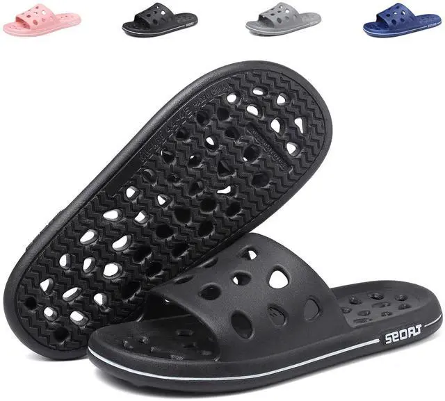 Main image of Shower Shoes for Women Men, Quick Drying Shower Sandals with Drain Holes Non-Slip Pool Slides Comfortable Lightweight House Slippers-Black