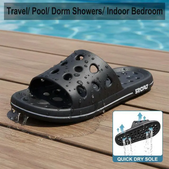 Alt view image 3 of 7 - Shower Shoes for Women Men, Quick Drying Shower Sandals with Drain Holes Non-Slip Pool Slides Comfortable Lightweight House Slippers-Black