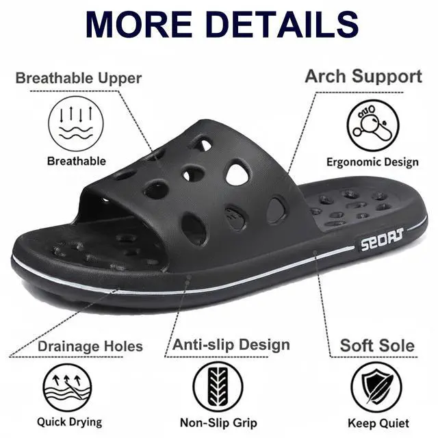 Alt view image 2 of 7 - Shower Shoes for Women Men, Quick Drying Shower Sandals with Drain Holes Non-Slip Pool Slides Comfortable Lightweight House Slippers-Black