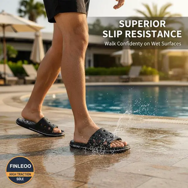 Alt view image 6 of 7 - Shower Shoes for Women Men, Quick Drying Shower Sandals with Drain Holes Non-Slip Pool Slides Comfortable Lightweight House Slippers-Black