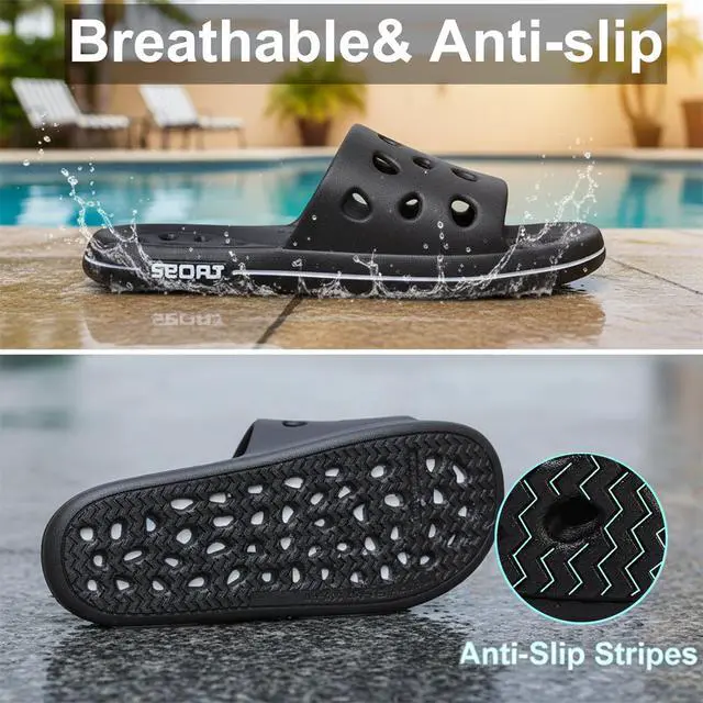 Alt view image 4 of 7 - Shower Shoes for Women Men, Quick Drying Shower Sandals with Drain Holes Non-Slip Pool Slides Comfortable Lightweight House Slippers-Black