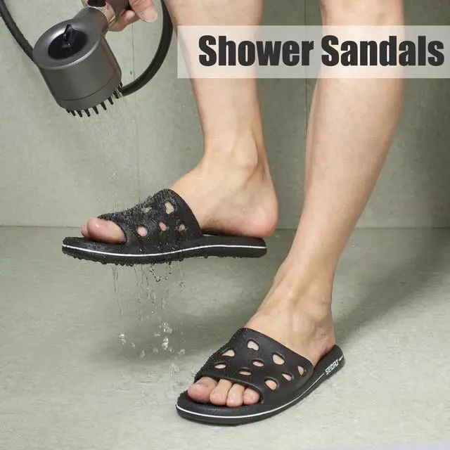 Alt view image 7 of 7 - Shower Shoes for Women Men, Quick Drying Shower Sandals with Drain Holes Non-Slip Pool Slides Comfortable Lightweight House Slippers-Black