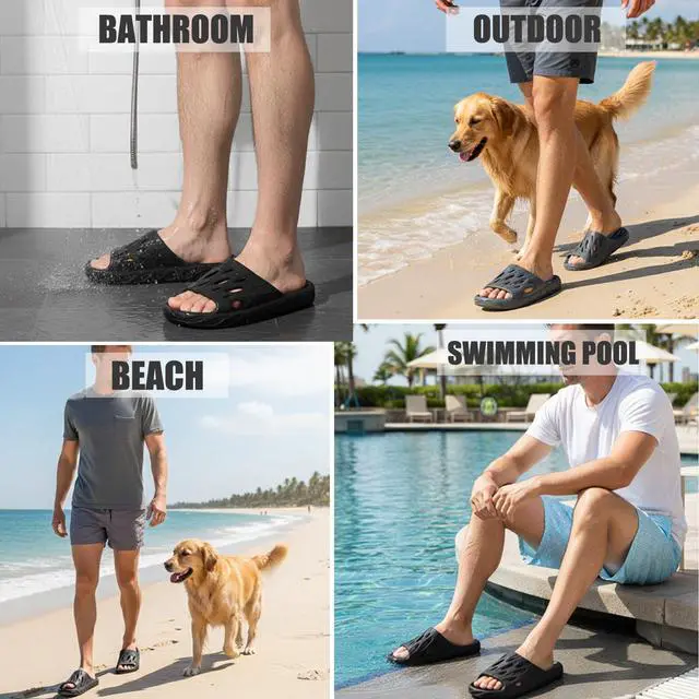 Alt view image 4 of 7 - Mens Shower Shoes, Men's Slides Quick Dry Slipper for Indoor Home Bedroom Pool Spa College Dorm Guest Black