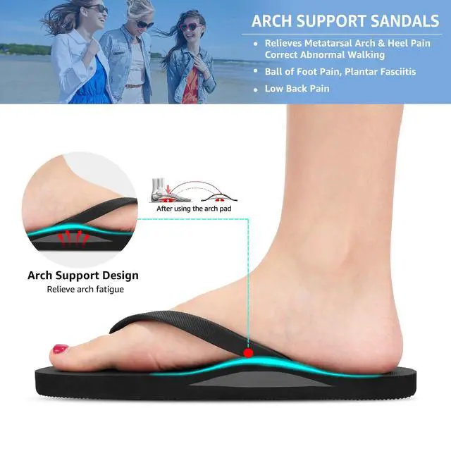 Alt view image 4 of 7 - Womens Shower Shoes Pool Beach Flip Flops with Arch Support, Black 8