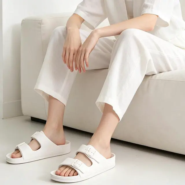 Alt view image 2 of 7 - Women's Comfort Slides with Arch Support, Non-Slip Lightweight Foam Slip-on Flat Beach Sandals with Adjustable Buckle for Vacation & Everyday Wear(8 M US-Women, White)