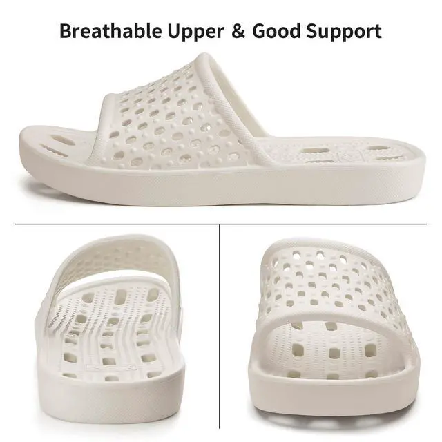 Alt view image 5 of 7 - Shower Shoes for Men Women, Non Slip Quick Dry Shower Sandals with Drain Holes, Lightweight EVA Shower Slippers for Gym, College Dorm, Pool, Locker Room White EU40-41