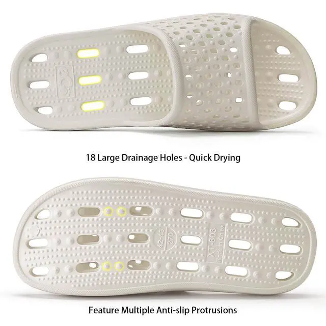 Alt view image 6 of 7 - Shower Shoes for Men Women, Non Slip Quick Dry Shower Sandals with Drain Holes, Lightweight EVA Shower Slippers for Gym, College Dorm, Pool, Locker Room White EU40-41