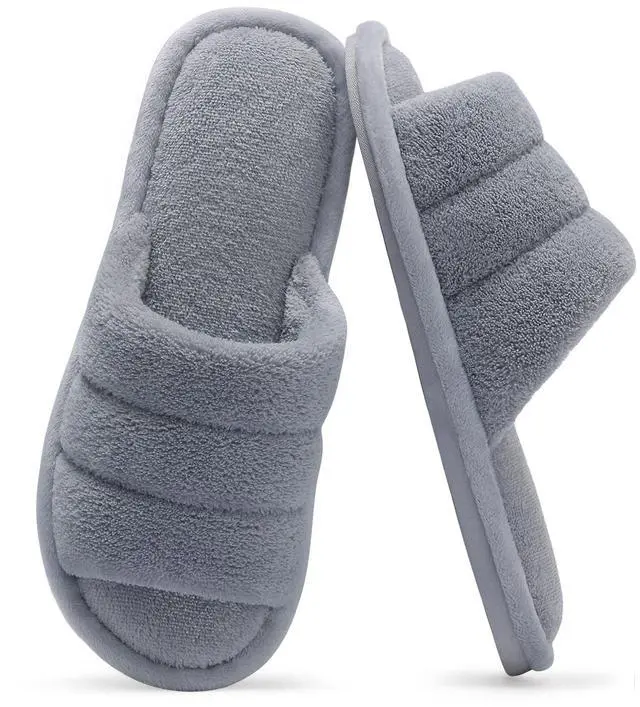 Main image of Terry Cloth Open Toe Slippers for Women Memory Foam House Shoes