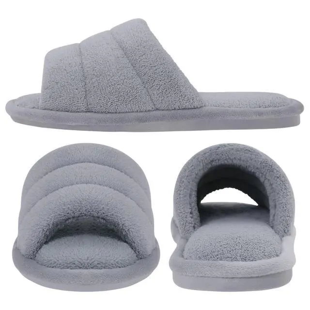 Alt view image 4 of 6 - Terry Cloth Open Toe Slippers for Women Memory Foam House Shoes
