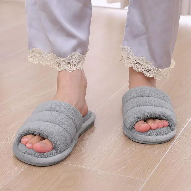 Alt view image 2 of 6 - Terry Cloth Open Toe Slippers for Women Memory Foam House Shoes