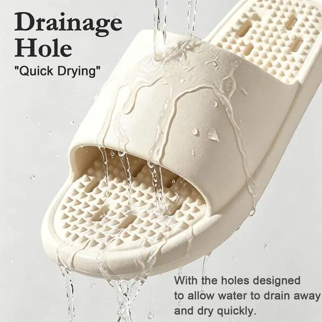 Alt view image 6 of 7 - Shower Shoes Slippers Women Men with Drain Holes House Gym Shower Slides Quick Drying Bathroom Beach Sandals Lightweight Non-Slip Size 7 8 Beige