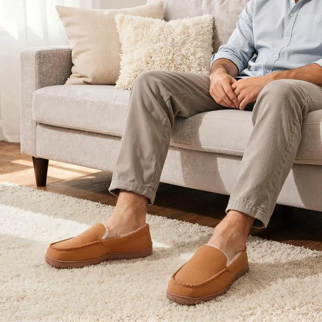 Alt view image 2 of 6 - Mens Slippers Warm House Slippers for Men Indoor Outdoor Beige Size 11
