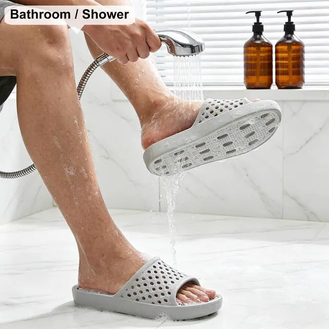 Alt view image 2 of 7 - Shower Shoes for Men Women, Non Slip Quick Dry Shower Sandals with Drain Holes, Lightweight EVA Shower Slippers for Gym, College Dorm, Pool, Locker Room Grey EU40-41