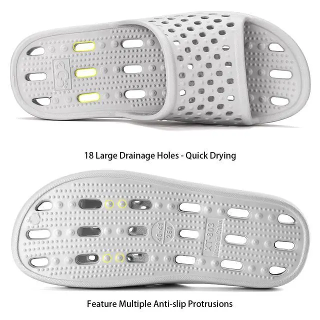 Alt view image 6 of 7 - Shower Shoes for Men Women, Non Slip Quick Dry Shower Sandals with Drain Holes, Lightweight EVA Shower Slippers for Gym, College Dorm, Pool, Locker Room Grey EU40-41