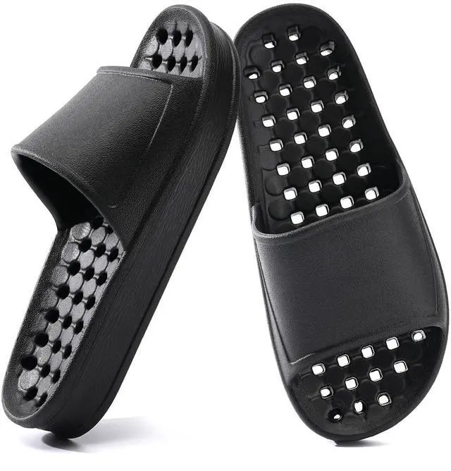 Main image of Shower Shoes for Women and Men with Drain Holes Massage Slide Sandals Soft Cushioned Anti-Slip Pool Slides Comfort Thick Soled Gym Shower Shoes Quick Drying Bathroom Spa Slippers,Black