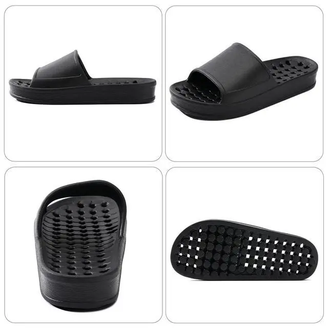 Alt view image 2 of 5 - Shower Shoes for Women and Men with Drain Holes Massage Slide Sandals Soft Cushioned Anti-Slip Pool Slides Comfort Thick Soled Gym Shower Shoes Quick Drying Bathroom Spa Slippers,Black