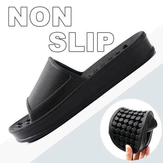Alt view image 4 of 5 - Shower Shoes for Women and Men with Drain Holes Massage Slide Sandals Soft Cushioned Anti-Slip Pool Slides Comfort Thick Soled Gym Shower Shoes Quick Drying Bathroom Spa Slippers,Black