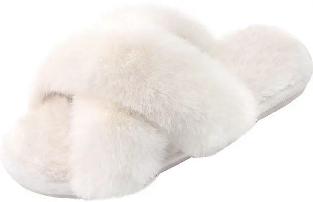 Main image of Women's Cross Band Slippers Fuzzy Open-Toe Memory Foam