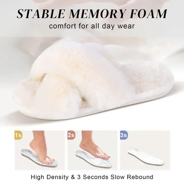 Alt view image 5 of 6 - Women's Cross Band Slippers Fuzzy Open-Toe Memory Foam
