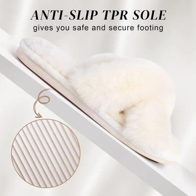 Alt view image 6 of 6 - Women's Cross Band Slippers Fuzzy Open-Toe Memory Foam