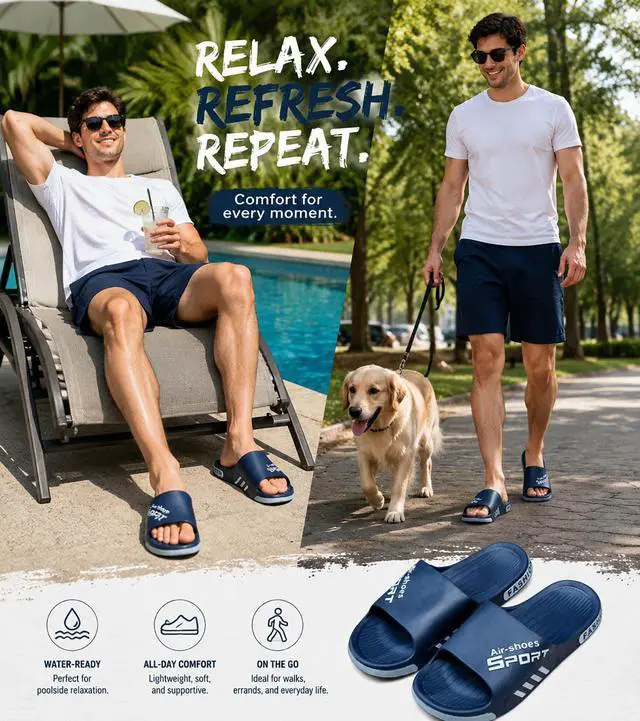 Alt view image 3 of 5 - Men's Slides Sandals For Shower Bathroom Pool Beach, Non Slip Soft Comfort Eva Anti-Slip Slippers Home Shoes For Size 5-11.5 Men