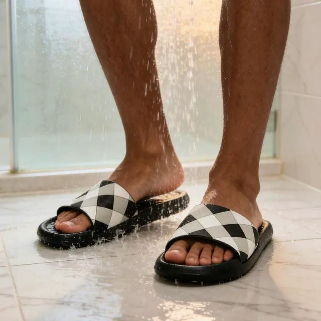 Alt view image 2 of 7 - Mens Bathroom Shower Shoes Checkered Sandals Non-Slip House Slippers