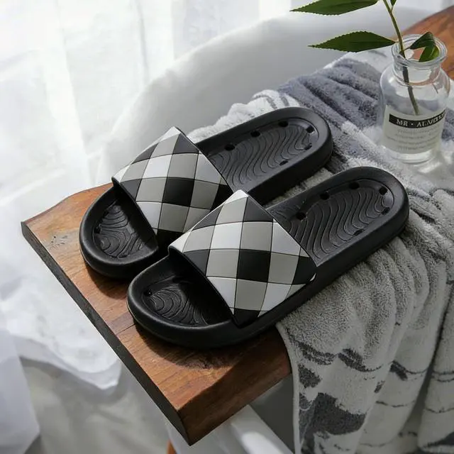 Alt view image 7 of 7 - Mens Bathroom Shower Shoes Checkered Sandals Non-Slip House Slippers