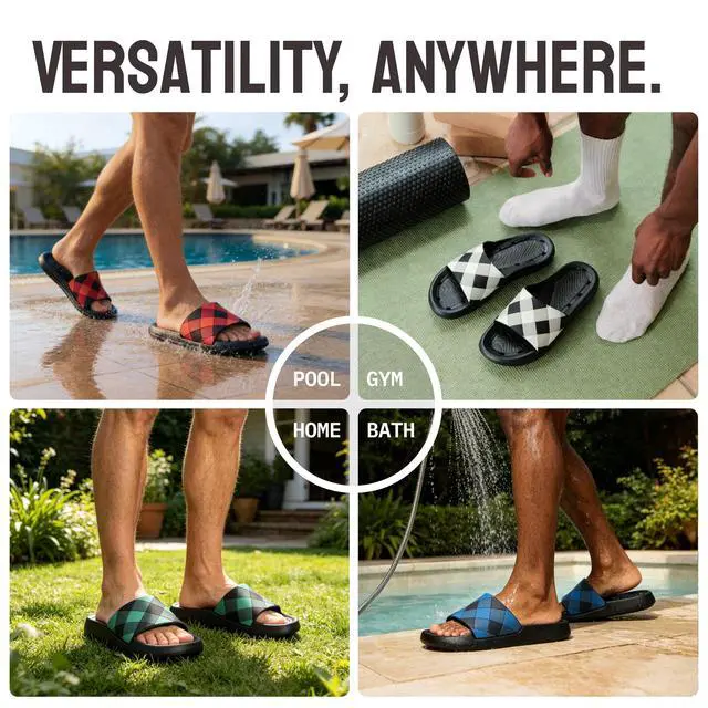 Alt view image 6 of 7 - Mens Bathroom Shower Shoes Checkered Sandals Non-Slip House Slippers