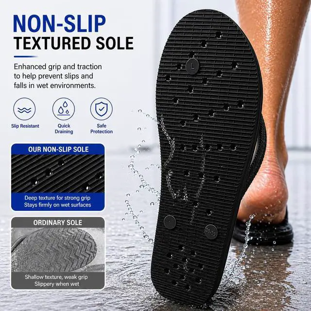 Alt view image 4 of 6 - Shower Shoes Women with Arch Support Non-Slip Flip Flop Sandals for Public Shower Bathroom Pool Beach Quick Dry with Drain Holes US9 Black