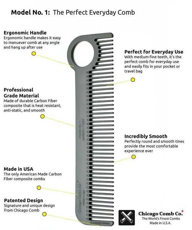Alt view image 7 of 7 - Model 1 Carbon Fiber, Made in USA, smooth, strong, and light, anti-static, heat-resistant, 5.5 inches (14 cm) long, ultimate daily use, pocket, and travel comb