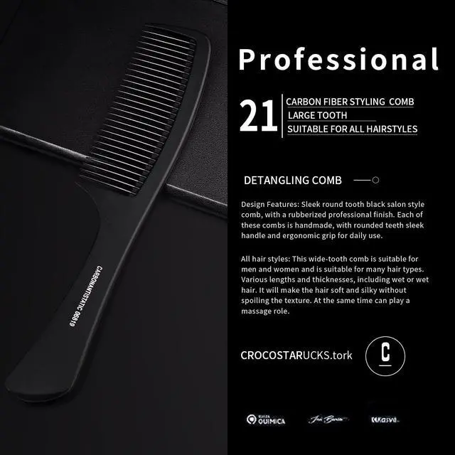 Alt view image 2 of 6 - Large Detangling Comb With Professional Handle - Carbon Fiber, Cutting, Hairdressing, Styling, Round Tooth, Barber, Travel Hair Comb for Men and Women