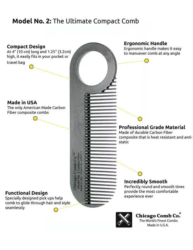 Alt view image 7 of 7 - Model 2 Carbon Fiber, Made in USA, Anti-static, 4 inches (10 cm) long, Fine-tooth, Pocket & Travel comb, for Thinner Hair, Beard & Mustache comb