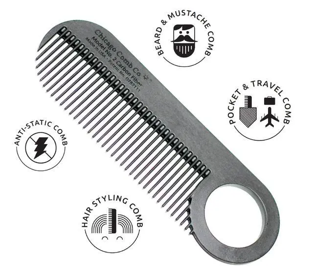 Alt view image 6 of 7 - Model 2 Carbon Fiber, Made in USA, Anti-static, 4 inches (10 cm) long, Fine-tooth, Pocket & Travel comb, for Thinner Hair, Beard & Mustache comb