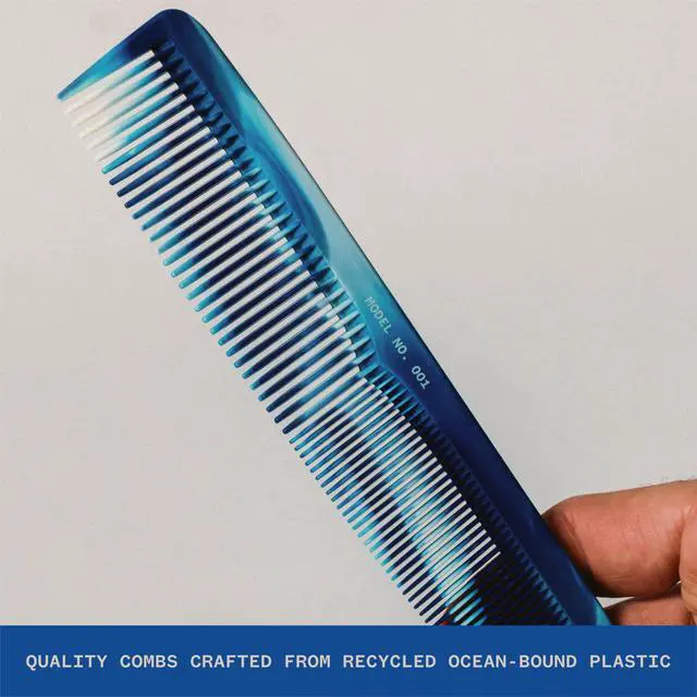 Alt view image 2 of 7 - Quality Hair Comb for Men and Women, Recycled Ocean Plastic, 7 Inches length perfect for home and travel, Wide and Fine Tooth for thick, thin, wavy, straight and curly hair styling - BLUE