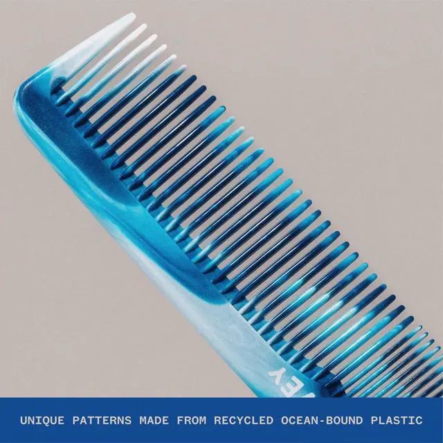 Alt view image 3 of 7 - Quality Hair Comb for Men and Women, Recycled Ocean Plastic, 7 Inches length perfect for home and travel, Wide and Fine Tooth for thick, thin, wavy, straight and curly hair styling - BLUE
