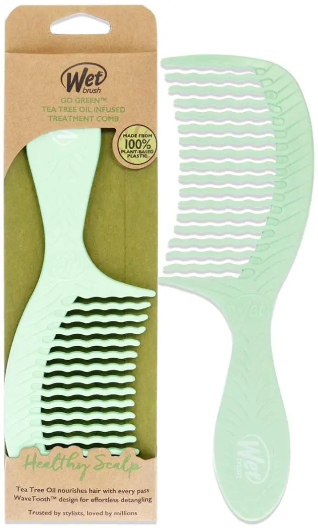 Main image of Go Green Tea Tree Oil Infused Treatment Comb - Wide Tooth Hair Detangler with WaveTooth Design that Gently and Glides Through Tangles - No Split Ends and No Damage