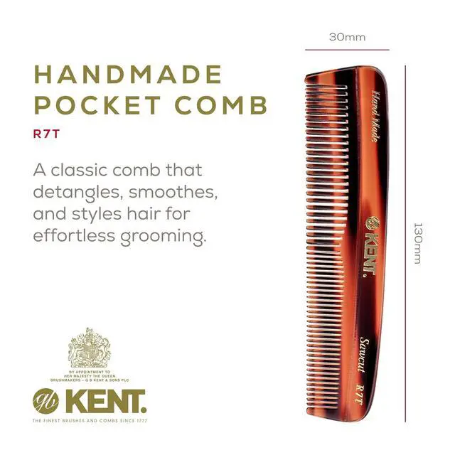 Alt view image 2 of 7 - R7T Fine and Wide Tooth Hair Comb, Handmade Pocket Comb for Men, Beard and Mustache Combs for Everyday Grooming and Styling, Sawcut Kent Combs, Made in England