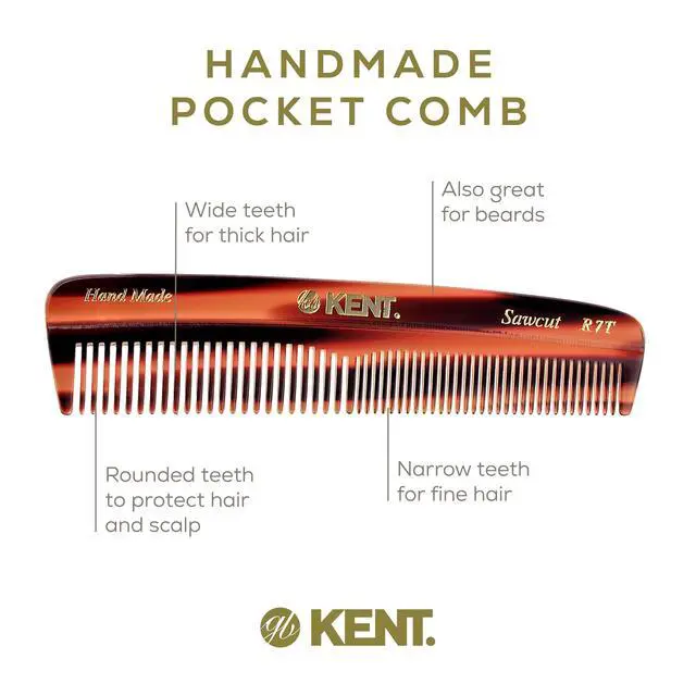 Alt view image 4 of 7 - R7T Fine and Wide Tooth Hair Comb, Handmade Pocket Comb for Men, Beard and Mustache Combs for Everyday Grooming and Styling, Sawcut Kent Combs, Made in England