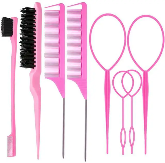 Main image of 8Pcs Hair Brushes Set with 4Pcs Topsy Hair Tail Tools 1Pcs Bristle Teasing Hair Brush 1Pcs Edge Control Brush 2Pcs Metal Pin Rat Tail Combs for Woman Girl Hair Styling,Edge&Back Brushing,Pink