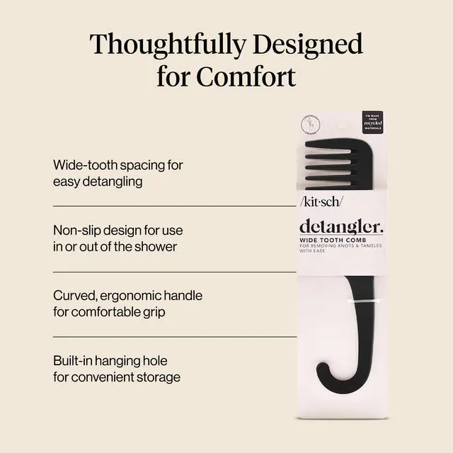 Alt view image 3 of 7 - Wide Tooth Comb For Curls - Curved Handle Detangling Tool for Curly, Wet & Thick Hairs, Frizz-Free Shower Comb for Women, Easy Everyday Hair Care at Home or On-the-go - Black