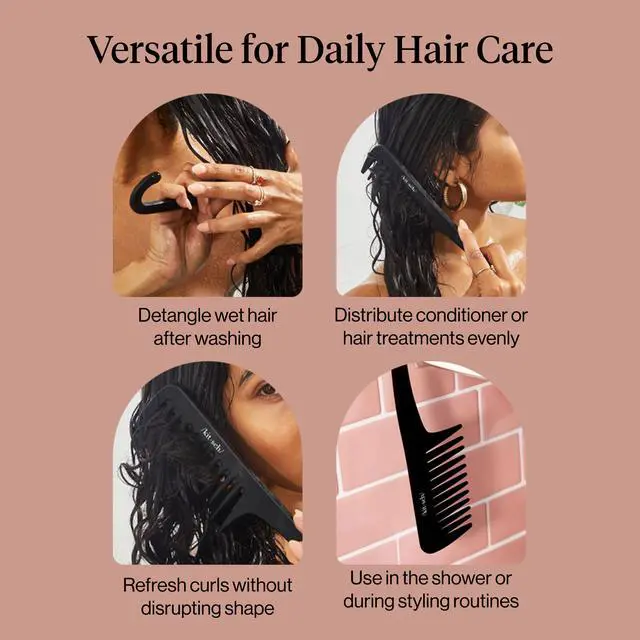 Alt view image 7 of 7 - Wide Tooth Comb For Curls - Curved Handle Detangling Tool for Curly, Wet & Thick Hairs, Frizz-Free Shower Comb for Women, Easy Everyday Hair Care at Home or On-the-go - Black