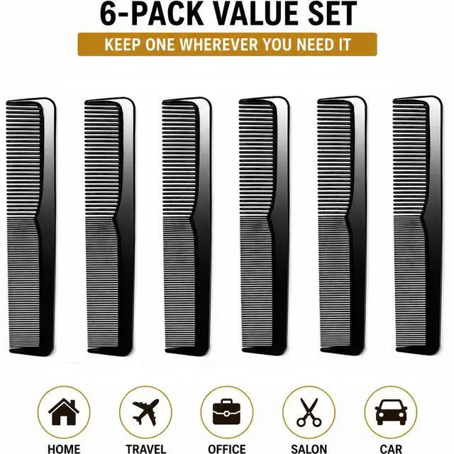 Alt view image 3 of 7 - 6 Pack Barber Comb Set, 9 Inch Professional Hair Combs for Men & Women, Fine & Wide Tooth Dressing Comb, Detangling Styling Cutting Comb for Thick Curly Straight Wet Dry Hair, Black