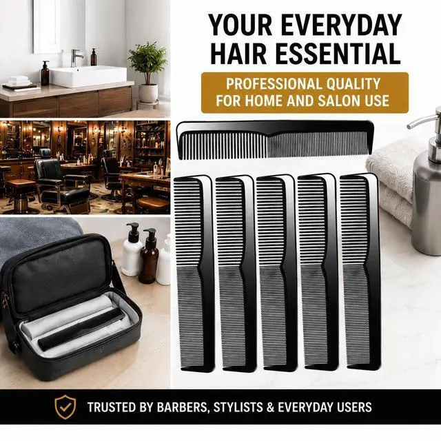 Alt view image 7 of 7 - 6 Pack Barber Comb Set, 9 Inch Professional Hair Combs for Men & Women, Fine & Wide Tooth Dressing Comb, Detangling Styling Cutting Comb for Thick Curly Straight Wet Dry Hair, Black