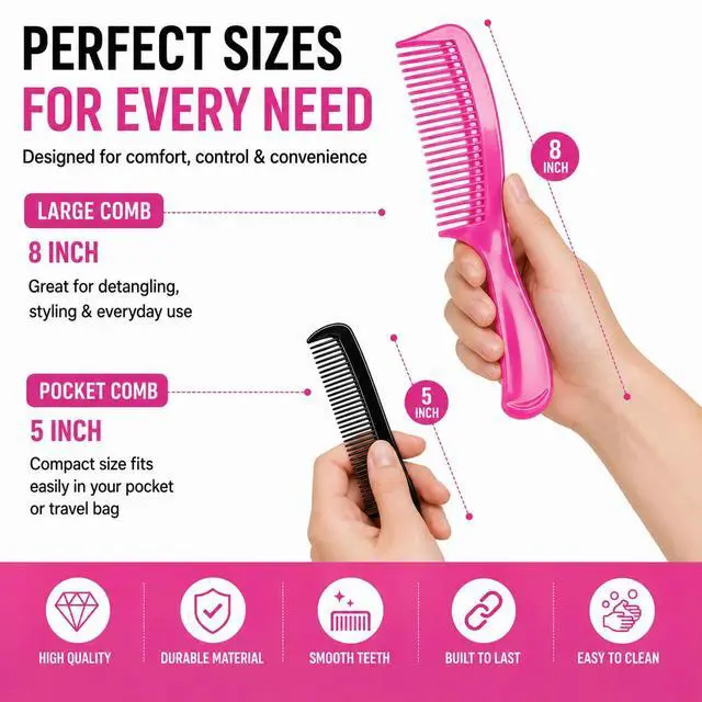 Alt view image 3 of 7 - (6 Pack) 8" Colorful Dressing Comb Dresser Comb Round Handle Comb Hair Combs and (1 Pack) 5" Favorict Pocket Comb (A)