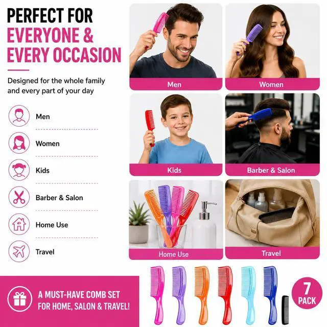 Alt view image 5 of 7 - (6 Pack) 8" Colorful Dressing Comb Dresser Comb Round Handle Comb Hair Combs and (1 Pack) 5" Favorict Pocket Comb (A)