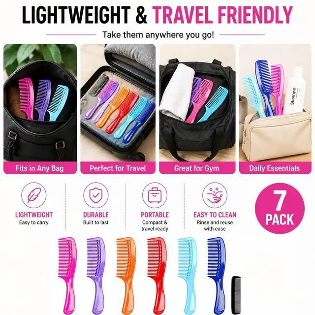 Alt view image 7 of 7 - (6 Pack) 8" Colorful Dressing Comb Dresser Comb Round Handle Comb Hair Combs and (1 Pack) 5" Favorict Pocket Comb (A)