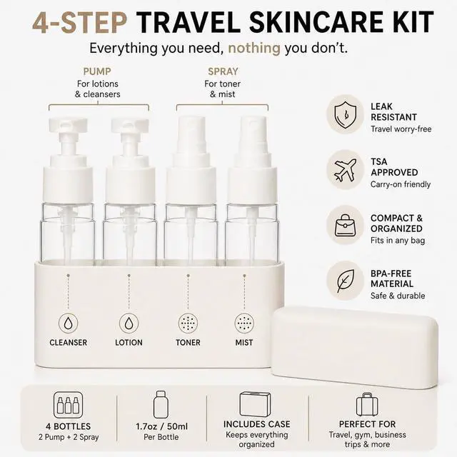Alt view image 2 of 7 - Travel Bottles for Toiletries (2 Pump + 2 Spray), TSA Approved 1.7oz/50ml Travel Containers Set with Case, Leak Proof Skincare Travel Kit for Lotion, Cleanser, Toner & Facial Mist