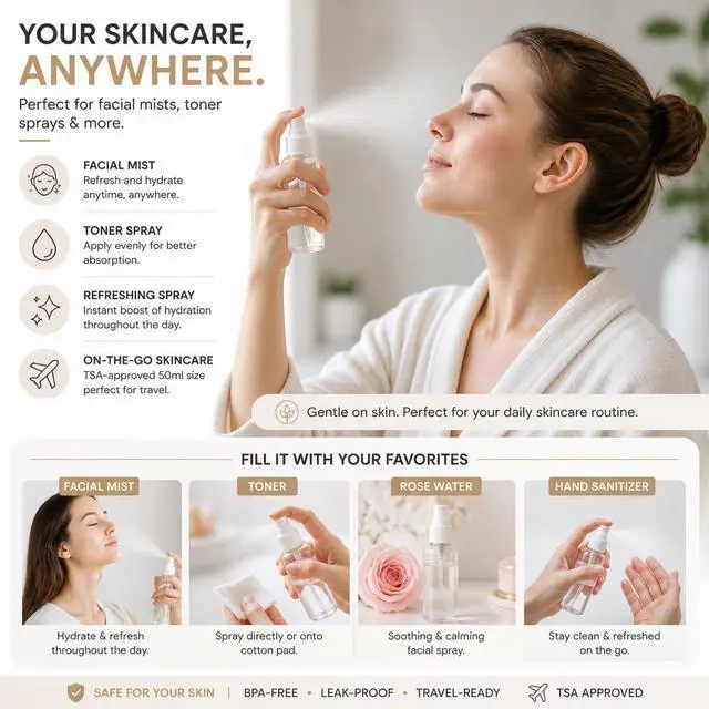 Alt view image 3 of 7 - Travel Bottles for Toiletries (2 Pump + 2 Spray), TSA Approved 1.7oz/50ml Travel Containers Set with Case, Leak Proof Skincare Travel Kit for Lotion, Cleanser, Toner & Facial Mist