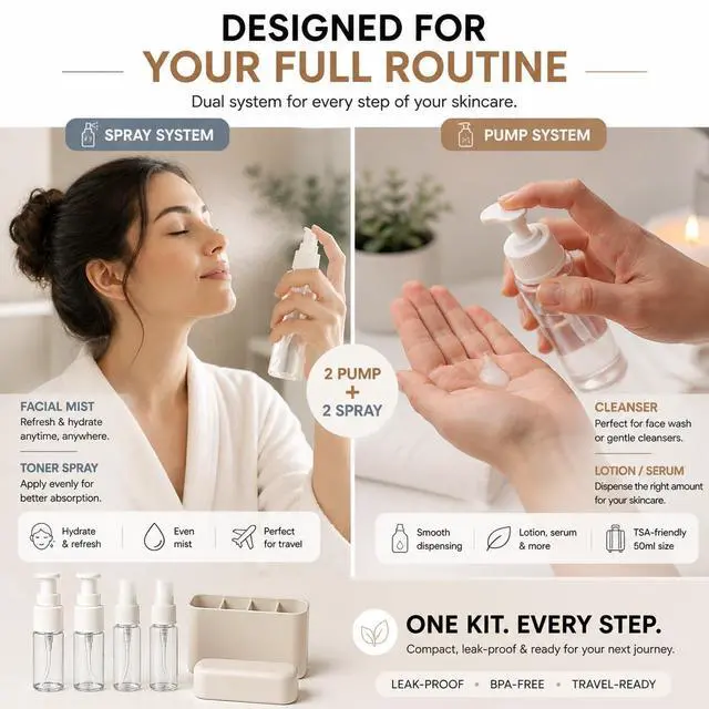 Alt view image 4 of 7 - Travel Bottles for Toiletries (2 Pump + 2 Spray), TSA Approved 1.7oz/50ml Travel Containers Set with Case, Leak Proof Skincare Travel Kit for Lotion, Cleanser, Toner & Facial Mist