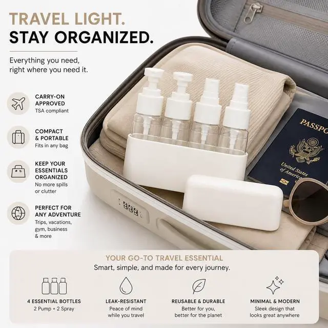 Alt view image 5 of 7 - Travel Bottles for Toiletries (2 Pump + 2 Spray), TSA Approved 1.7oz/50ml Travel Containers Set with Case, Leak Proof Skincare Travel Kit for Lotion, Cleanser, Toner & Facial Mist